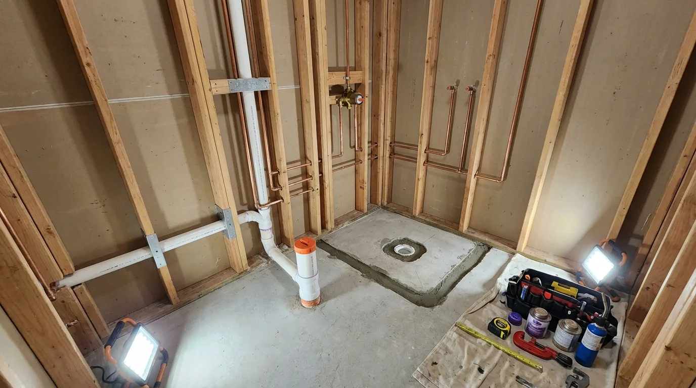Bathroom rough-in plumbing during remodel by Johns Plumbing LLC in Van Vleck