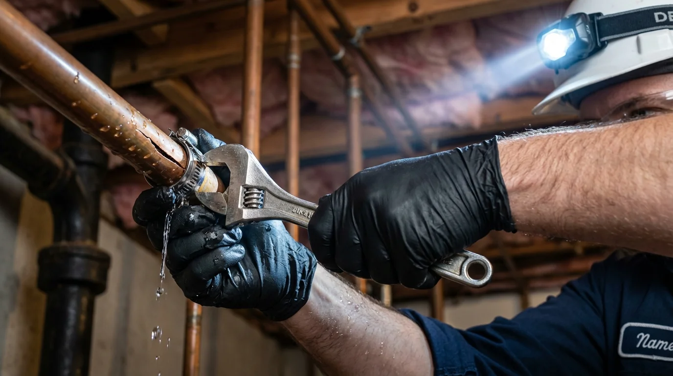 Emergency pipe clamp repair being performed by a Johns Plumbing LLC plumber in Van Vleck