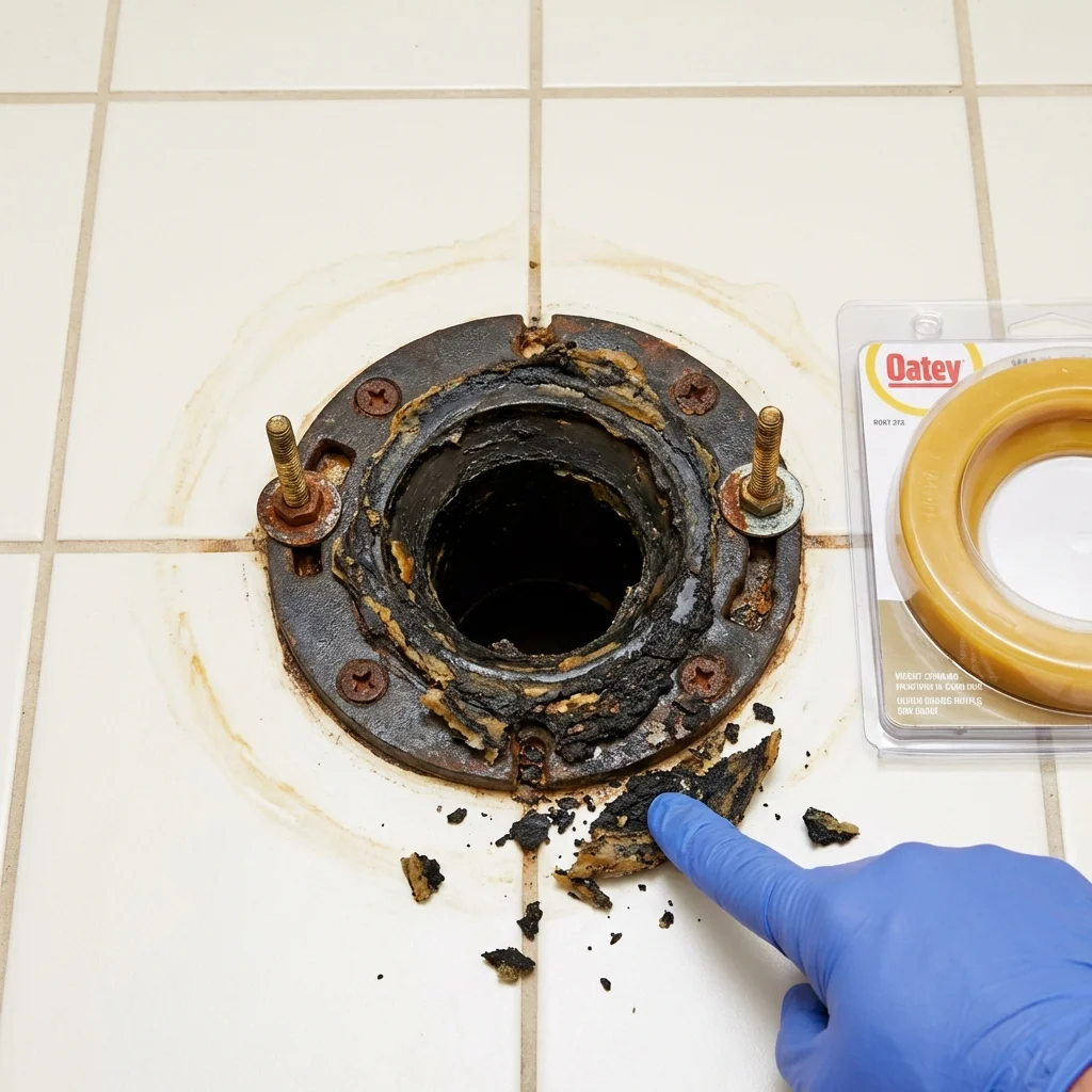 Failed wax ring showing water seepage at the base of a toilet in a Van Vleck, TX home