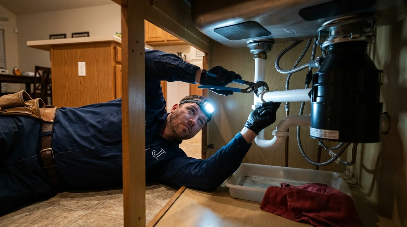 P-trap and supply line connections under a kitchen sink showing a common leak point in Van Vleck, TX